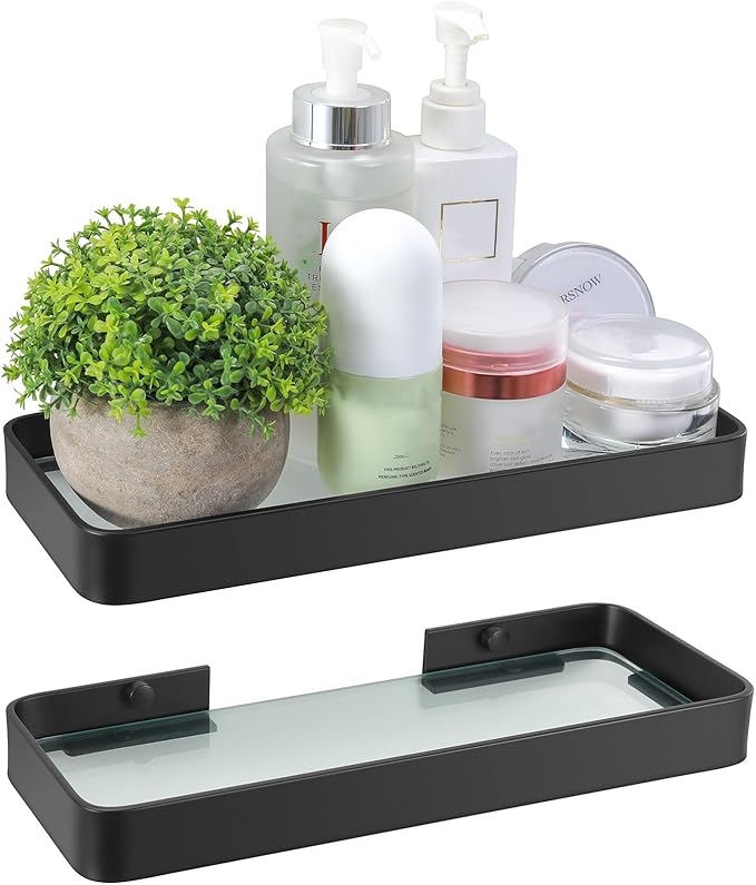 Z metnal Small Glass Bathroom Shelves, Matte Black Floating Shelf Wall Shelf Organizer, Wall Mounted (Clear Glass, 11.8 inch)