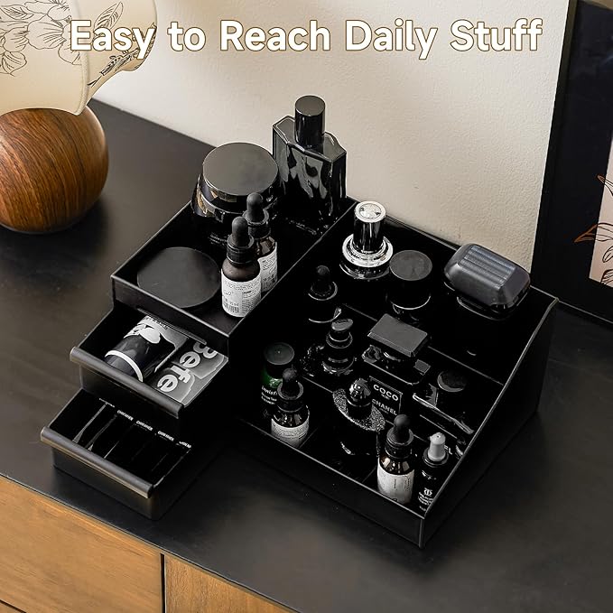 Large Black Vanity Organizer for Men, Countertop Cologne Organizer with Drawers, Perfume Stand & Mens Skincare Storage, Deodorant Display for Bathroom Bedroom Dresser, Ideal Gifts for Men