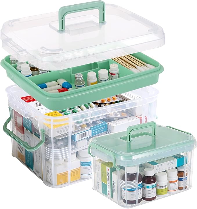 2 Pack Clear Medicine Organizer Box with Handle Thickened Plastic Medicine Cabinet with Tray First Aid Box Empty Multipurpose Medical Container Medication Caddy for Home Travel Dorm
