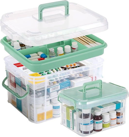 2 Pack Clear Medicine Organizer Box with Handle Thickened Plastic Medicine Cabinet with Tray First Aid Box Empty Multipurpose Medical Container Medication Caddy for Home Travel Dorm