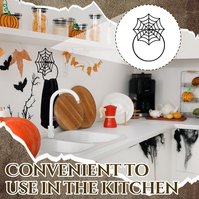 2Pcs Gothic Cobweb Metal Towel Rings Halloween Cobweb Towel Holder Oil Rubbed Bath Towels Ring Black Art Hand Towels Rack for Bathroom Kitchen Hanger Home Decors Gifts