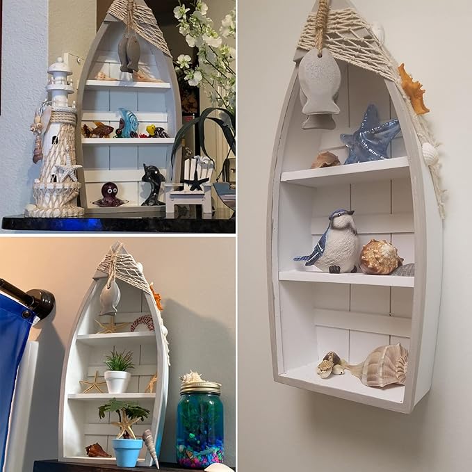 Wooden Sailboat Shelf Small Nautical Sail Boat Decor Coastal Beach Themed Ornaments for Home Bathroom Room Bedroom (C)