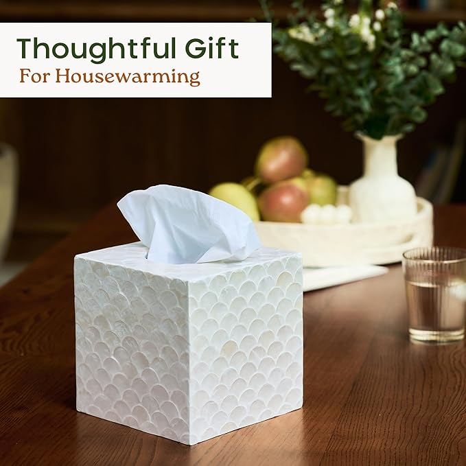 CHI AN HOME 5.8” Capiz Tissue Box Cover, Square Decorative Tissue Holder with Bottom Slider, Handmade Bathroom Accessories, Elegant White Cube for Vanity, Bedroom, Office & Coastal Décor (Natural)