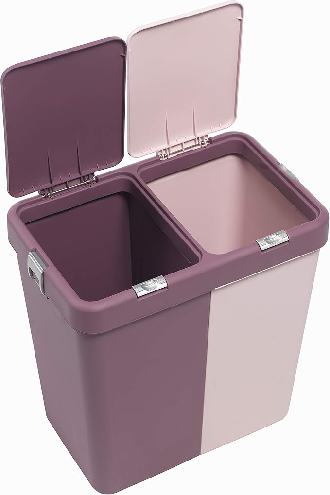 Mabel Home Plastic Laundry Hamper with Lid, 2 sections, Large Laundry Basket – Extra Trash Bin (1,6 Gallons) inc. (Pink-Purple)
