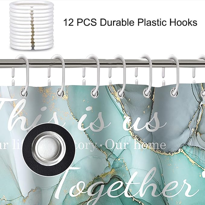 juwute 4Pcs Family Marble Shower Curtain Sets with Rugs,Green Home Inspirational Bathroom Decor Set, Bathroom Sets with Shower Curtain and Rugs, Waterproof Bathroom Shower Curtains, with 12 Hooks