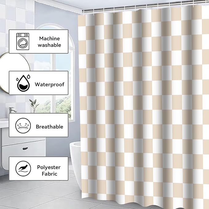4 PCS Checkered Shower Curtain Sets Fun Gingham Bathroom Sets Soft Non Slip Bath Rugs Toilet Cover U-Shaped Mat Retro Bright Waterproof Shower Curtains with 12 Hooks for Tub Toilet, Beige
