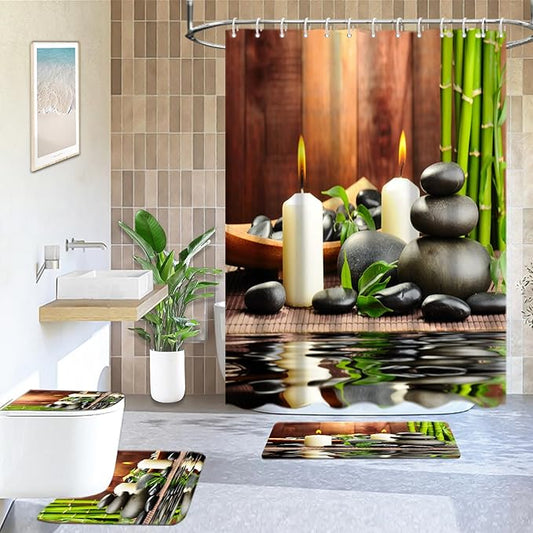 Lnond 4Pcs Spa Bathroom Shower Curtain Sets with Rugs, Stone Bamboo Bathroom Sets with Shower Curtain and Rugs and Accessories
