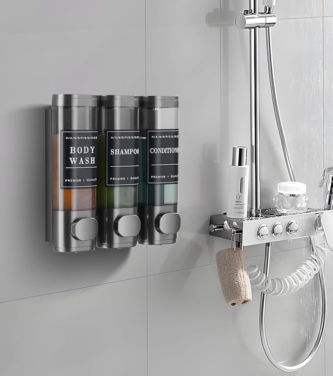 Cabo Deseado Shower Soap Dispenser Wall Mounted No Drill Shampoo Dispenser for Shower Wall Shampoo and Conditioner Dispenser Bathroom Hotel 3 * 300ml Gungray with Labels