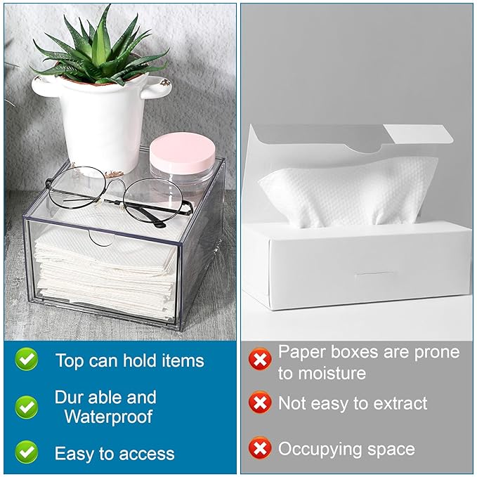 cobee Disposable Face Towel Holder, Acrylic Face Towel Storage Box Bin Container Stackable Clear Makeup Organizer with Drawer for Vanity Bathroom Makeup Organization