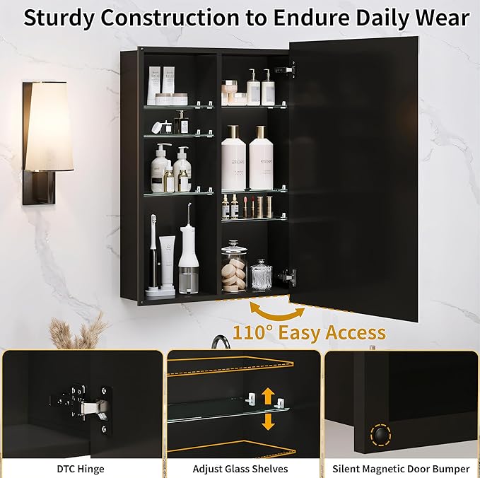 16x24 Medicine Cabinet with Mirror, 6 Adjustable Tempered Glass Shelves, Matte Black Aluminum Bathroom Storage, Soft-Close DTC Hinges, Surface or Recessed Mount, Tempered Beveled Mirror