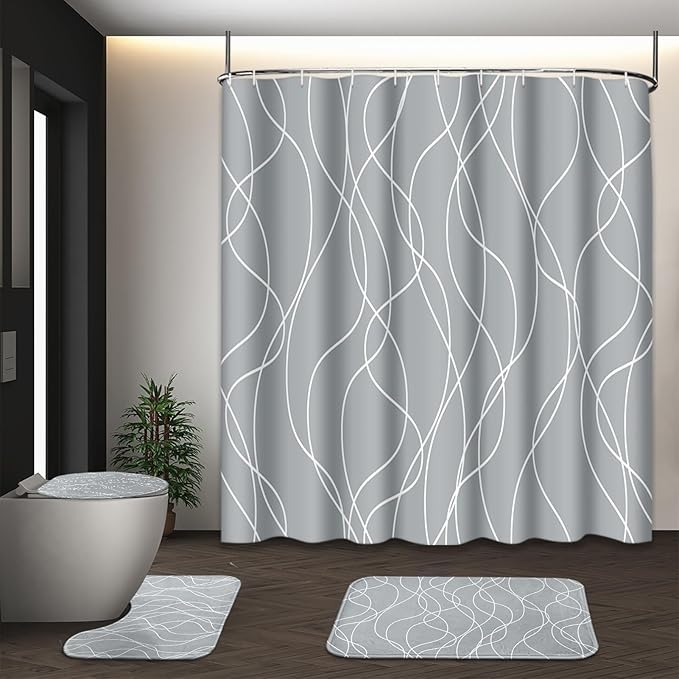 Grey Shower Curtain Set with Toilet Lid Cover and Non-Slip Rugs, White Striped Wavy Lines 4 Pcs Shower Curtain for Bathroom, Gray Modern Simple Abstract Bathroom Decor