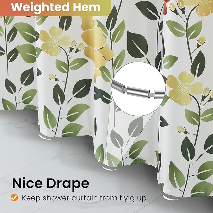 Fabric Floral Shower Curtain, Yellow Orange Green Flower Shower Curtains for Bathroom, Waterproof Bathroom Curtains, 72" W x 72" H