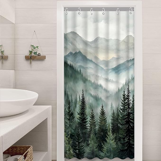 Accnicc Forest Mountain Shower Curtain Dark Green Nature Misty Pine Tree Shower Curtains for Bathroom Foggy Rustic Woodland Decorative Waterproof Fabric Bath Curtain Decor 36×72 Inches