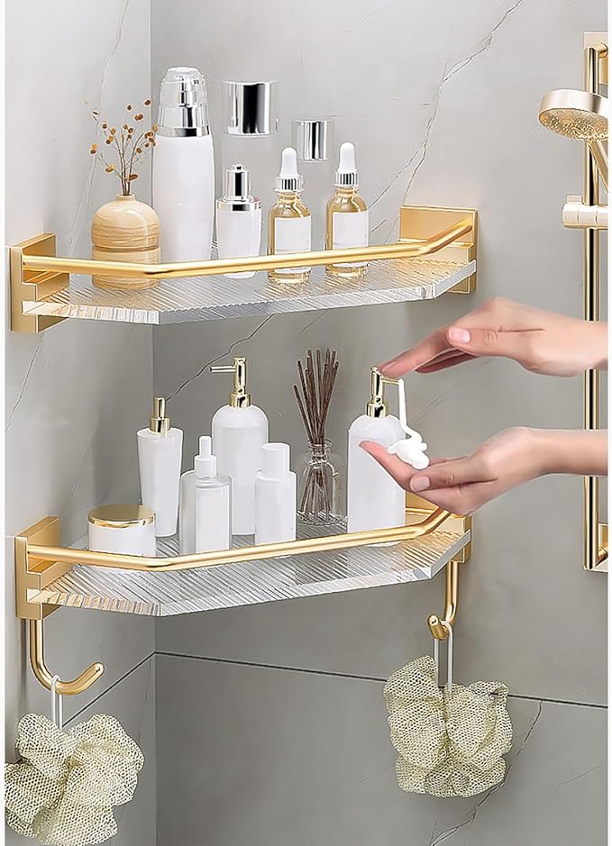 Wall Mounted Corner Shelf, Strong Load Bearing Capacity Triangular Acrylic Corner Floating Shelf for Bathroom (Without Hook)