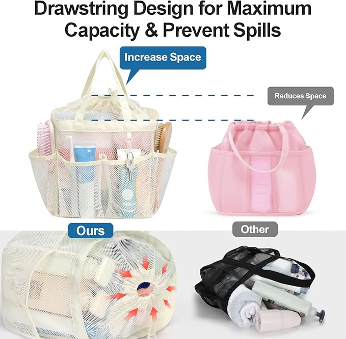F-color Mesh Shower Caddy Portable with Drawstring -Upgrade Deeper 7 Pockets Dorm Room Essentials for Guys Girls with S Hook, Shower Bag Basket Tote for College Camping Gym Bathroom, Butter White