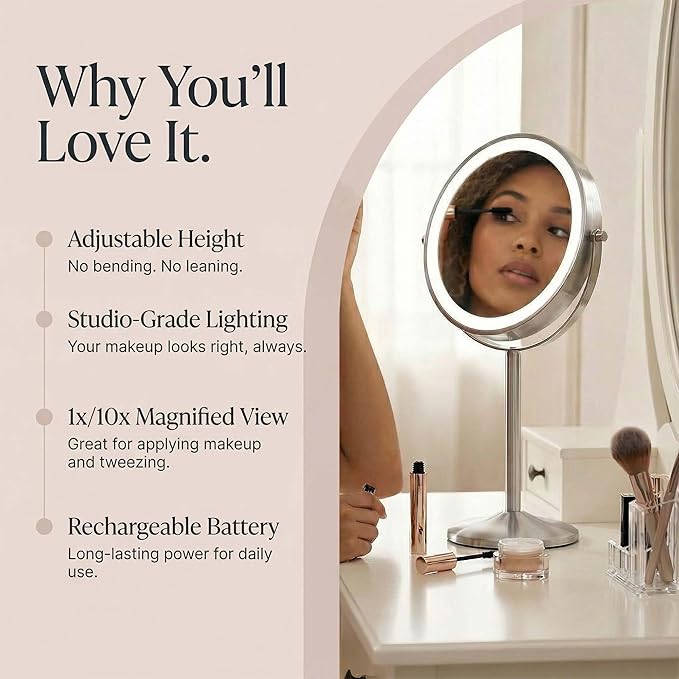 Fancii 9-Inch Lighted Makeup Mirror Height Adjustable with 10X /1X Magnification - Rechargeable, Double Sided LED Vanity Mirror with Light and Stand, 360° Swivel