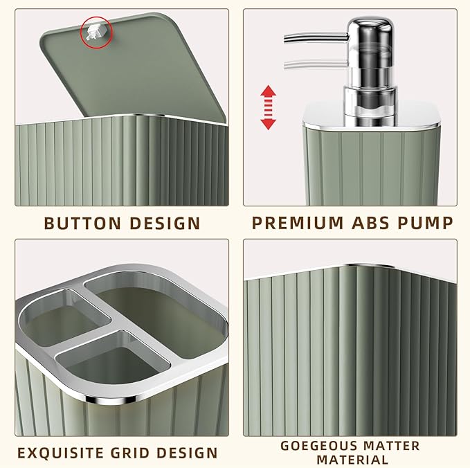 XLHOMO Bathroom Accessories Set - Gorgeous Sage Green Bathroom Set, 10PC Bathroom Accessory Set, Toilet Brush, Trash Can, Qtip Holder Dispenser & Soap Dispenser