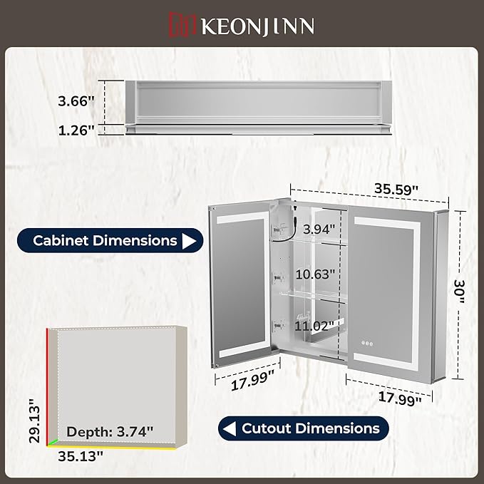Keonjinn 36x30 Inch Lighted Medicine Cabinet with Mirror, Medicine Cabinet with Lights 3 Color Dimmable with Defogger and Outlets, UL Listed, Tempered Glass Recessed/Wall Mounted Mirror with Storage