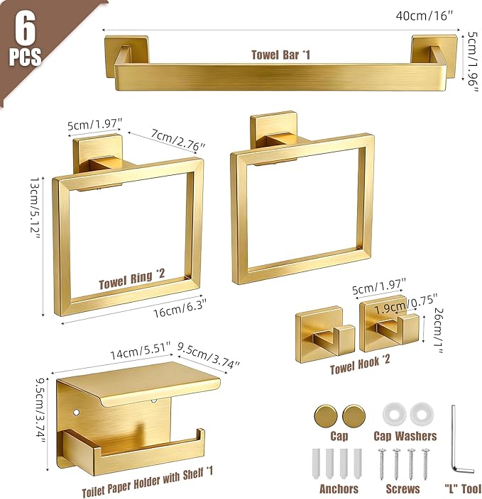 Brushed Gold Bathroom Accessories 6-Piece, Stainless Steel Luxury Bathroom Hardware Set, 16" Towel Bar, Toilet Paper Holder with Shelf, 2 Towel Rings & 2 Hooks, Wall Mounted for Bathroom Remodel