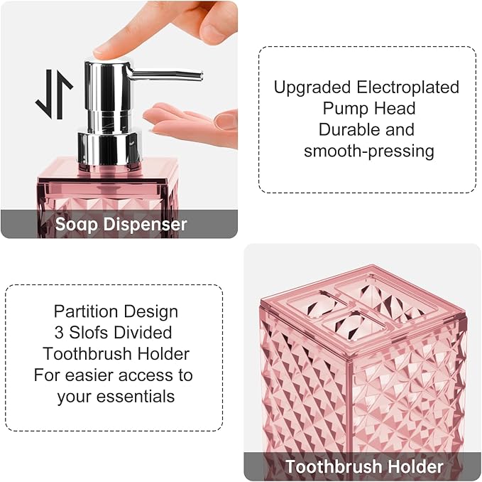 Bathroom Accessories Set 2 PCS, Pink Bathroom Accessories Include Soap Dispenser and Toothbrush Holder, Diamond Pattern Bathroom Set for Boho Bathroom Decor