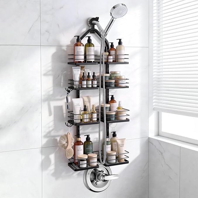 Adjustable Hanging Shower Caddy for Handheld Showerhead, 4-Tier Rustproof Shower Rack Baskets, Anti-Swing Hanging Shower Organizer for Bathroom Storage with 2 S-Hooks, Large Capacity, Black