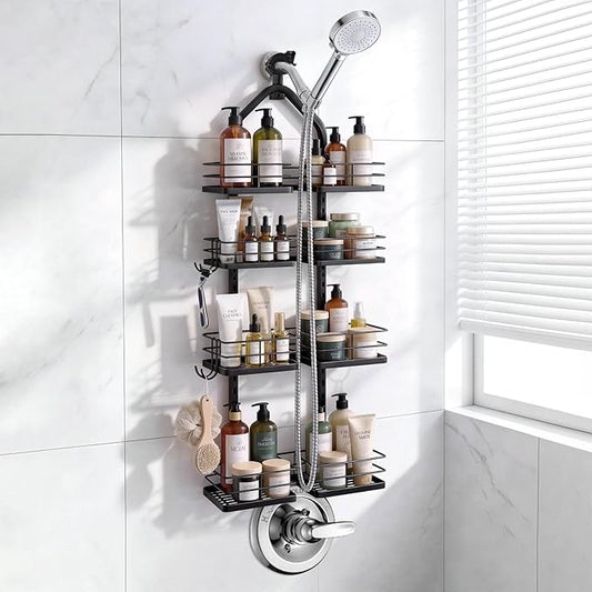 Adjustable Hanging Shower Caddy for Handheld Showerhead, 4-Tier Rustproof Shower Rack Baskets, Anti-Swing Hanging Shower Organizer for Bathroom Storage with 2 S-Hooks, Large Capacity, Black