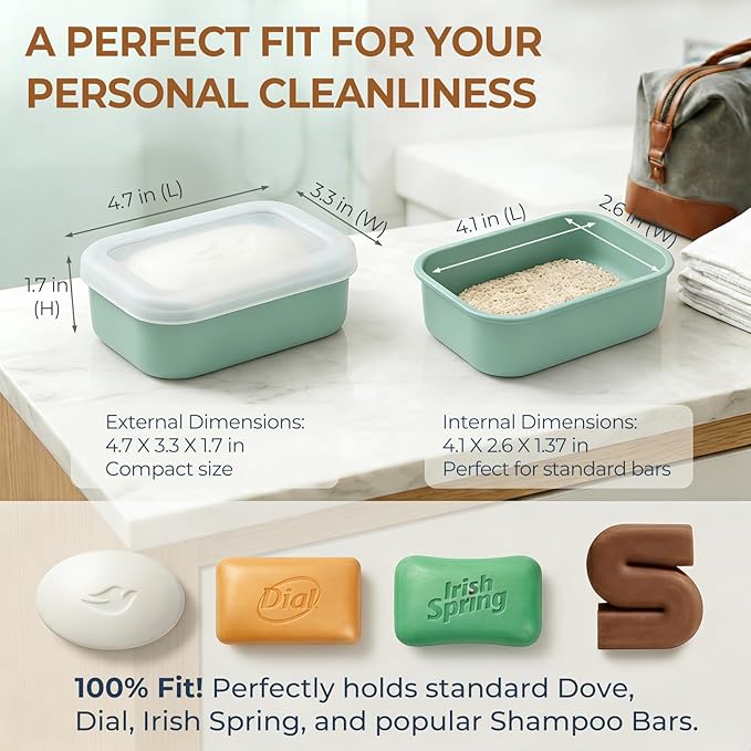 AIMAIMAIMAI Compact Leakproof Travel Soap Case, Silicone Travel Soap Bar Container, Portable Soap Box with Drainage Layer for Camping, Gym (Light Green)