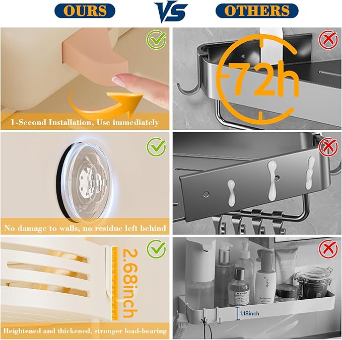 Corner Shower Caddy Suction Cup, No-Drilling Hanging Shower Caddy with Hooks, Waterproof & Rustproof Removable Shower Organizer for Bathroom Storage