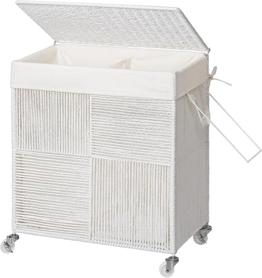 WOWLIVE Double Laundry Hamper with Lid, Handwoven Rolling Laundry Basket with Wheels, 115L Dirty Clothes Hamper with Removable Liner Bag Large Capacity Laundry Sorter Laundry Room Organization,White