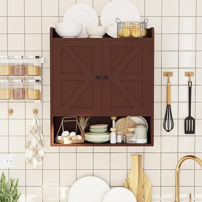 EasyCom 22" W x 26" H Bathroom Wall Cabinet, Farmhouse Medicine Cabinet with Adjustable Shelves and 2 Barn Doors, Over The Toilet Storage Cabinet for Bathroom, Kitchen, Living Room, Russet