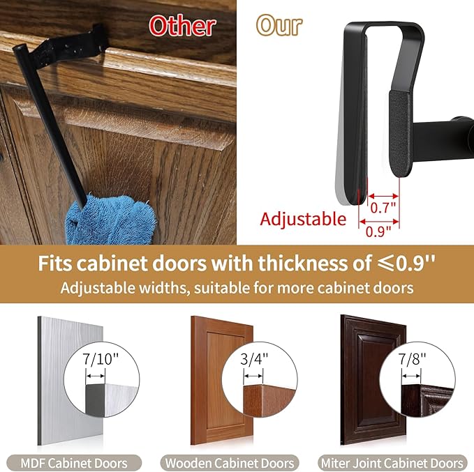 Over Cabinet Towel Holder, Stainless Steel Over The Cabinet Towel Rack Bars for Kitchen Cabinet Doors, Dish Towel Holder with Hooks, 2 Pack (Black)