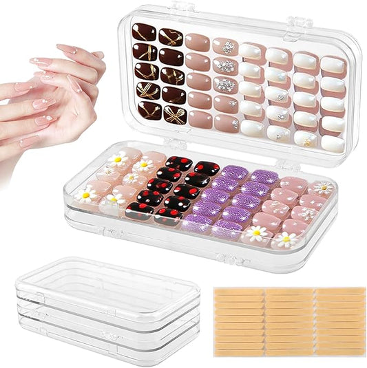 Tri-Fold Portable Press on Nail Storage Box, 4-Page Clear Press on Nails Organizer Box with 30 Pcs Adhesive Double Sided Tape, Clear PET Plastic Travel Holder