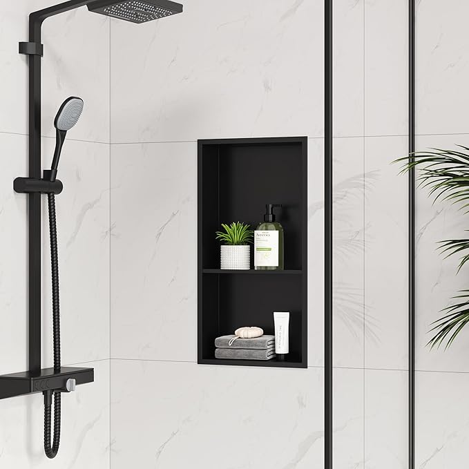 Neodrain Shower Niche Insert Tile-Ready Recessed Wall Niche for Shower Organizer - Stainless Steel No Tile Needed Built-in Bathroom Shelf, 2-Tier12x24 Inch Easy Install, Matte Black