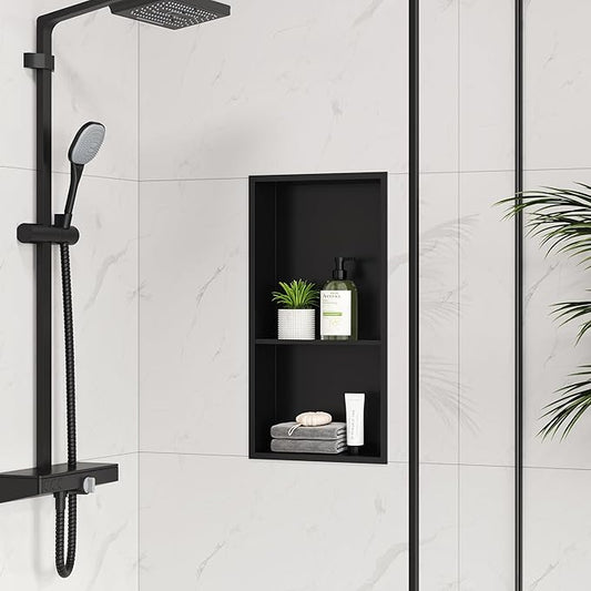 Neodrain Shower Niche Insert Tile-Ready Recessed Wall Niche for Shower Organizer - Stainless Steel No Tile Needed Built-in Bathroom Shelf, 2-Tier12x24 Inch Easy Install, Matte Black
