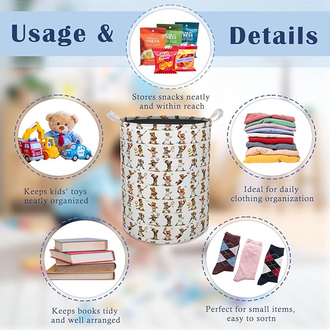 Sports Bear Nursery Laundry Basket Hamper, Sports Decor for Boys Bedroom, Cute Bear Player Foldable Clothes Toys Books Storage Box Bins Baskets Organizer for Kids Boys Room Playroom