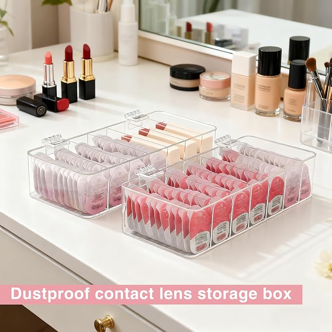 2 Pack Clear Acrylic Makeup Organizers, 7-Section Bathroom Organizer for Drawer, Cosmetic Display Cases with Lid, Blushes Highlighters Eyeshadow Powder Makeup Organizer Holder Storage