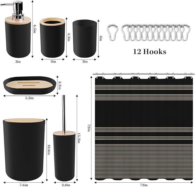 Bathroom Accessories Set - 19 PCS Black Bathroom Set with Shower Curtain, Trash Can, Toilet Brush Holder Toothbrush Holder & Dispenser - Modern Bamboo Plastic Complete Bath Decor for Apartment