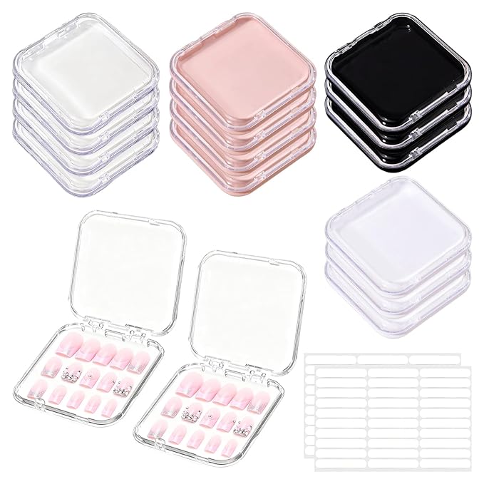 14Pcs Press On Nail Storage Box with 60Pcs Adhesive Double Sided Tape, Press on Nail Packaging Supplies Container False Nails Display Cases for Nail Art Salon Business(4Colors)