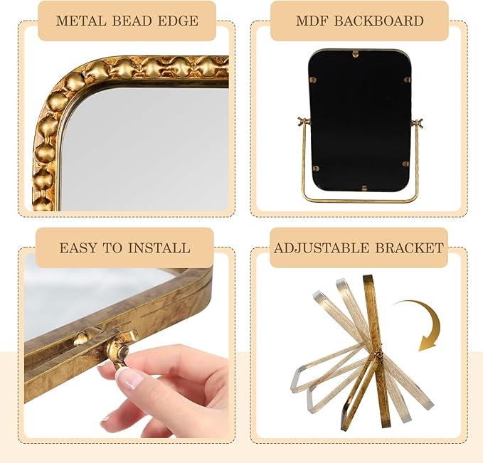 Vintage Desk Makeup Mirror, 12" L x 7.9" W Antique Gold Vanity Table Mirror, Metal Framed Rectangular Small Standing Mirrors with Beaded, 360 Adjustable Rotation for Tabletop, Bedroom