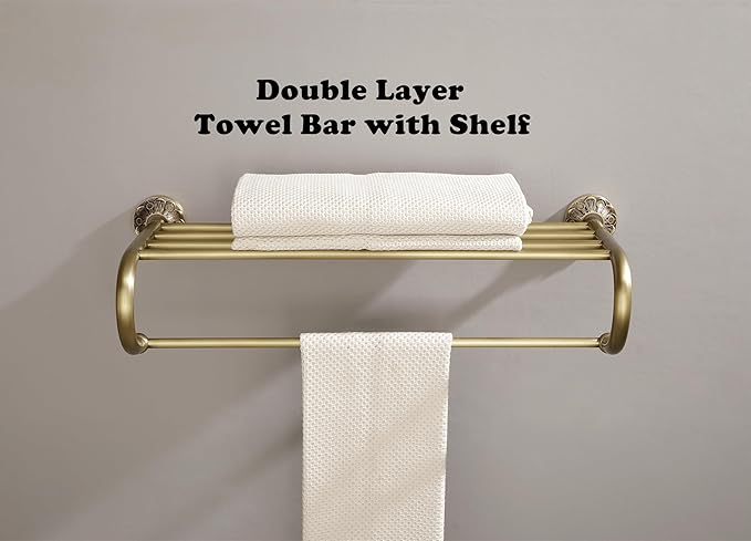 Antique Brass Towel Rack Wall Mount, 24 inch Bath Towel Bar with Shelf, Vintage Gold Decorative Bathroom Accessories, Brass Petal-Relief Series