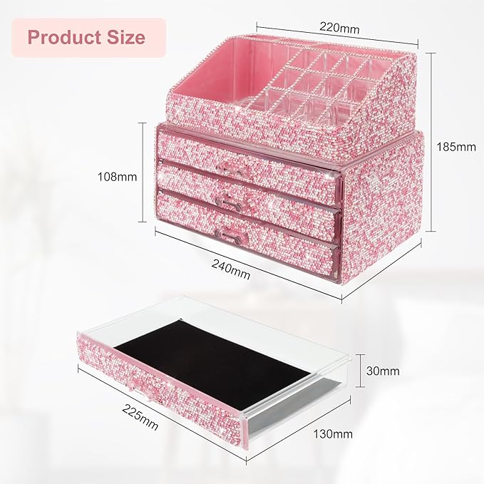 KEYPOWER Makeup Organizers Drawer Bling Diamond,Fashion Countertop Jewelry Cosmetic Storage Display Boxes,Makeup Brush Holder, Cosmetic Holder,2 Pieces Set(Purely Handmade)(Pink)