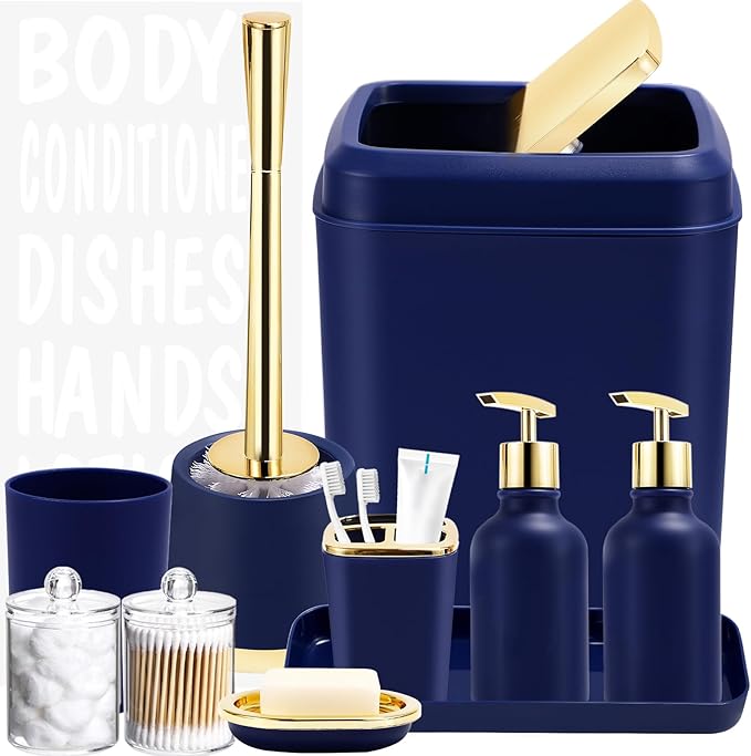 XLHOMO Navy Blue Bathroom Accessories Set -10 Piece Bathroom Accessory Set with Trash Can, Soap Dispenser, Soap Dish, Toothbrush Holder and Cup, Toilet Brush, Qtip Holder, Bathroom Decor Sets Complete