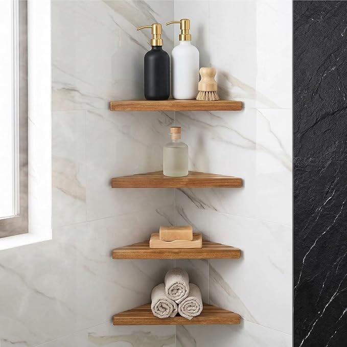 ENKEZI Acacia 2,3,4 Tiers Corner Shower Shelf, Triangular Corner Shelf Wooden Bathroom Shelf for Tiled Wall, Shower Corner Shelf, No Drilling Requied (4)