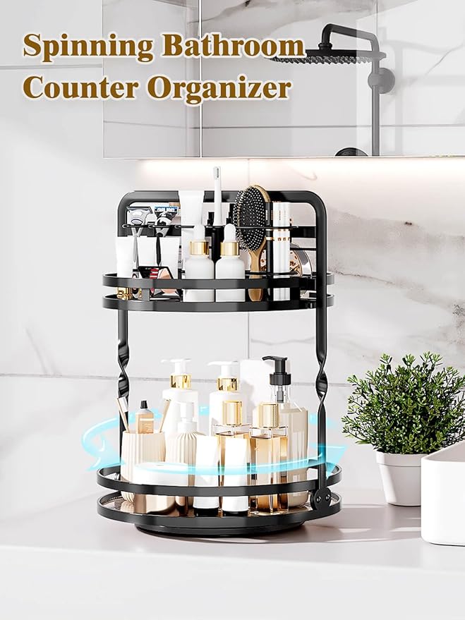 Rotating Makeup Vanity Organizer, 360 Spinning Perfume Organizer for Dresser, 2 Tier Bathroom Countertop Organizer, Black Lazy Susan Skincare Storage, Cosmetic Display Case with Brush Holder