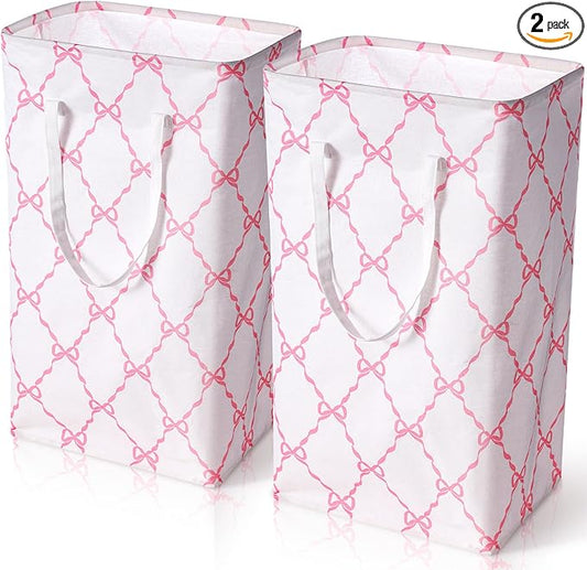 Leinuosen 2 Pcs 80l Large Bow Pink Laundry Hamper Basket with Waterproof Inner Lining, Collapsible Pink Clothes Storage Baskets Bin with Handles for Bedroom, Nursery & Home Organization(Grid)