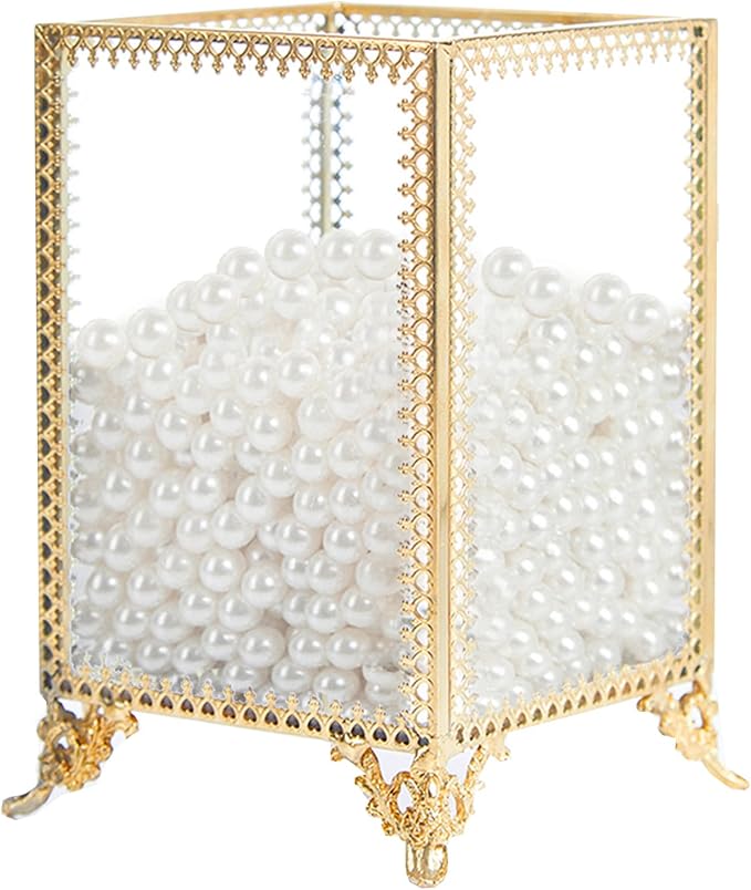PuTwo Vintage Makeup Brush Holder Glass and Brass Organizer Handmade Cosmetic Brush Storage with White Pearls for Dresser Vanity Countertop - Gold