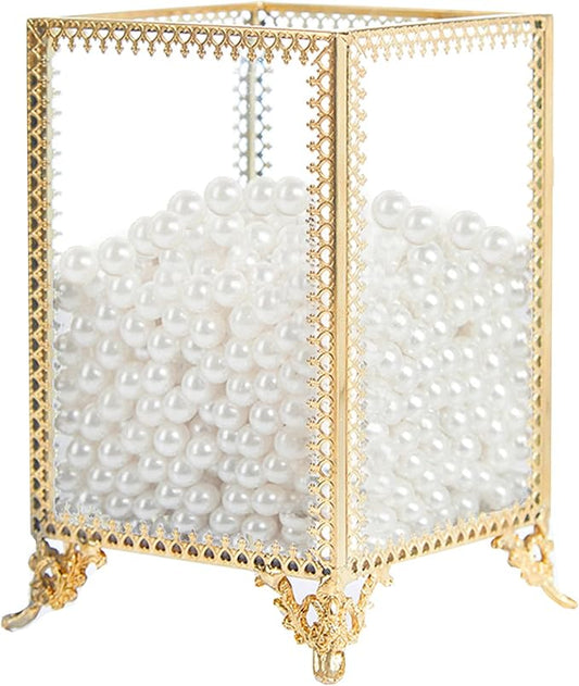 PuTwo Vintage Makeup Brush Holder Glass and Brass Organizer Handmade Cosmetic Brush Storage with White Pearls for Dresser Vanity Countertop - Gold