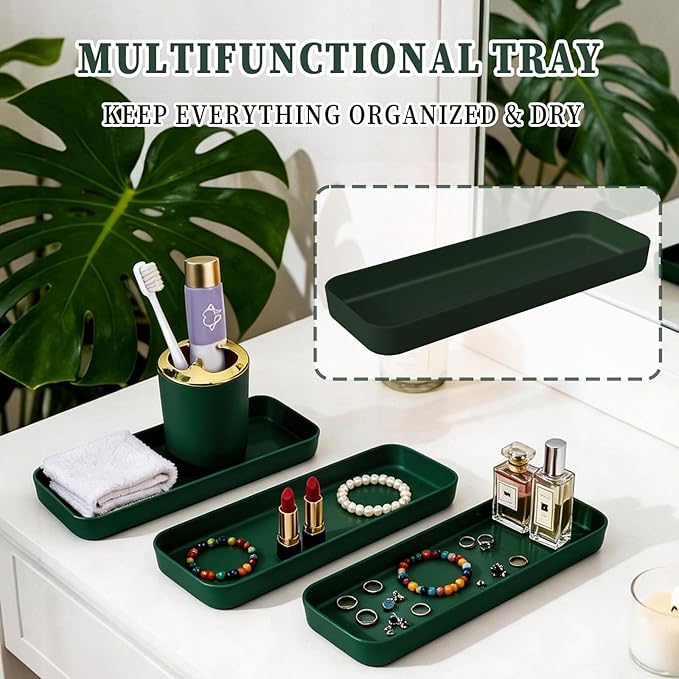 BSSN Green Bathroom Accessories Set, Luxurious 9-Piece Bath Decor Set with Trash Can, Toilet Brush, Gold Pump Soap Dispenser, Multi-Slot Toothbrush Holder, Qtip Jars, Vanity Tray and Tumbler