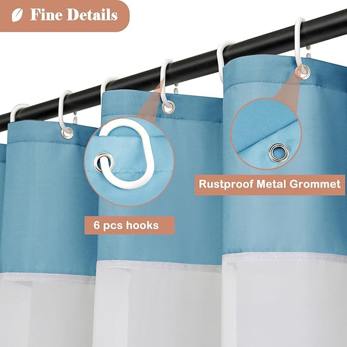 UFRIDAY 36x72 Inch Stall Shower Curtain with Mesh Window,Soft Fabric Solid Bathroom Curtain with Hooks, Weighted Hem, Heavy Duty, Water Repellent, Light Blue