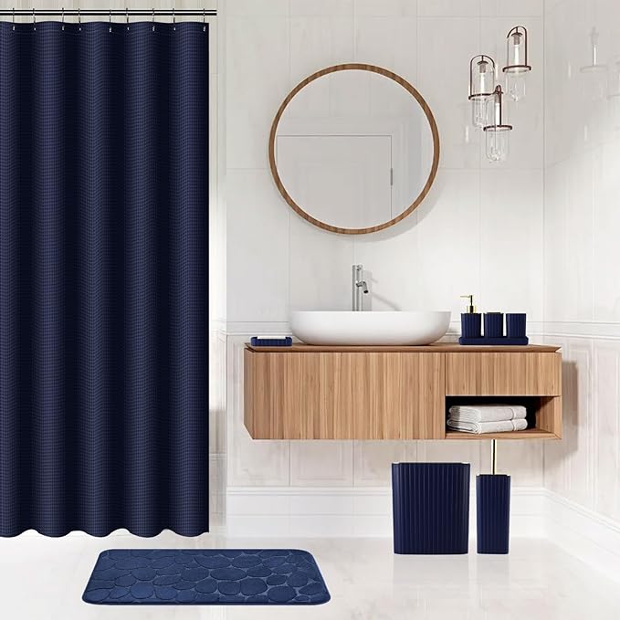 XLHOMO 26PC Bathroom Accessories Set - Gorgeous Blue Bathroom Set, Bathroom Accessory Set, Navy Blue Shower Curtain Set with Bathtub Mats for Shower Tub